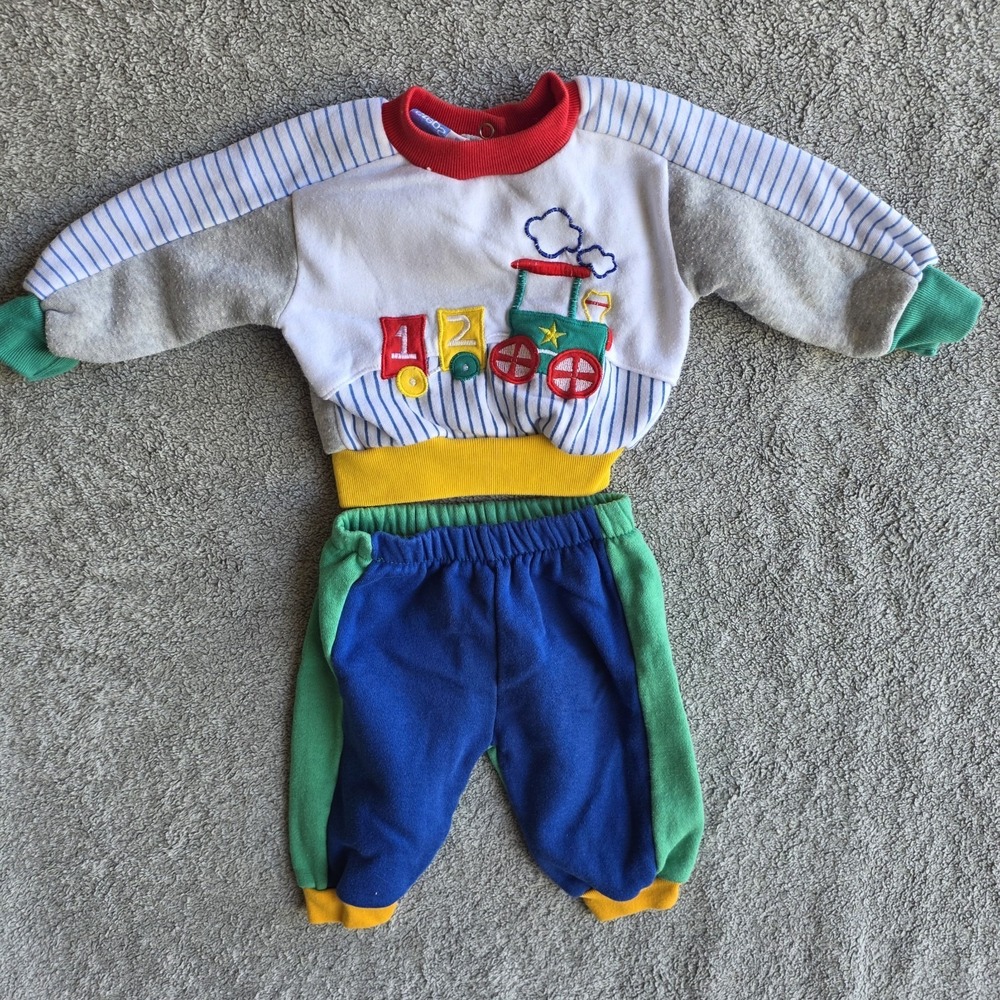 Small Steps 2 Piece Color Block Sweat Suit 6-9 Mos Train Vintage 90s